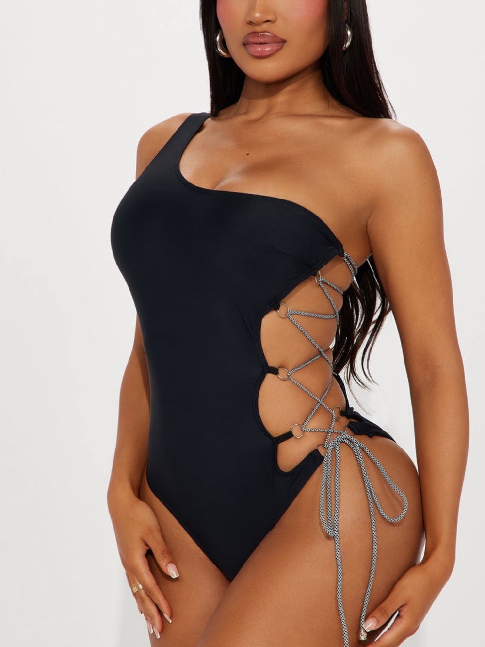 Fashion Nova One-Shoulder Lace-Up One-Piece Swimsuit - Black